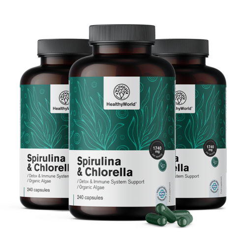 3x Spirulina und Chlorella 1740 mg, zusammen 720 Kapseln